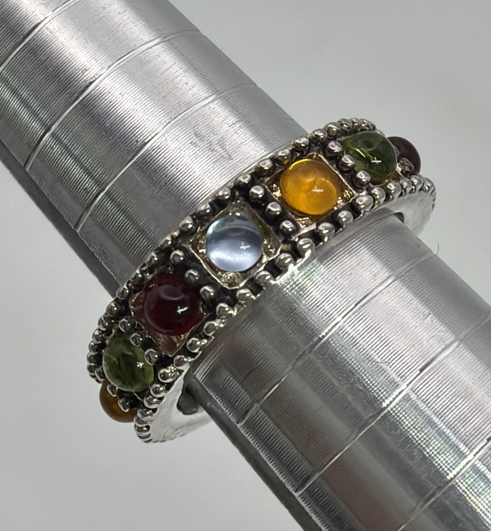 Vintage Napier Jewel Faux Gem Cabochon Eternity Band Ring 6 Silver Tone Rainbow